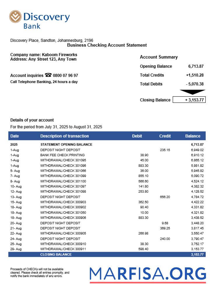 Blank South African Discovery business checking account statement Word and PDF template